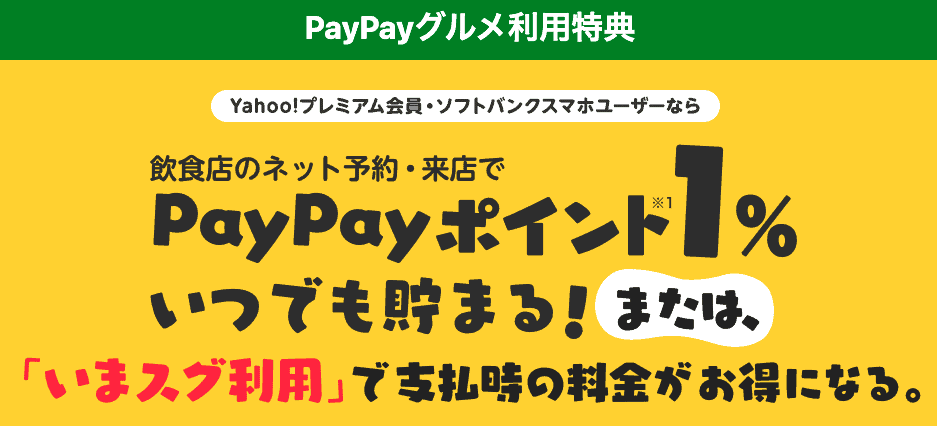 【ヤフープレミアム会員･ソフトバンク会員限定】PayPayグルメ「ポイント1%還元」会員特典